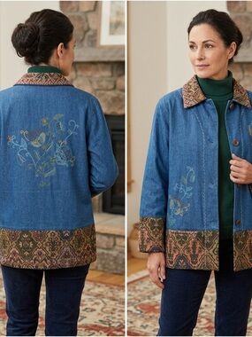 Embroidered Blue Denim Jacket with Patterned Trim - Women's